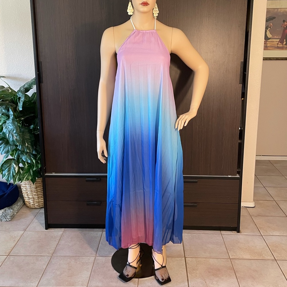 Purple Ombre Pleated Halter Maxi Dress